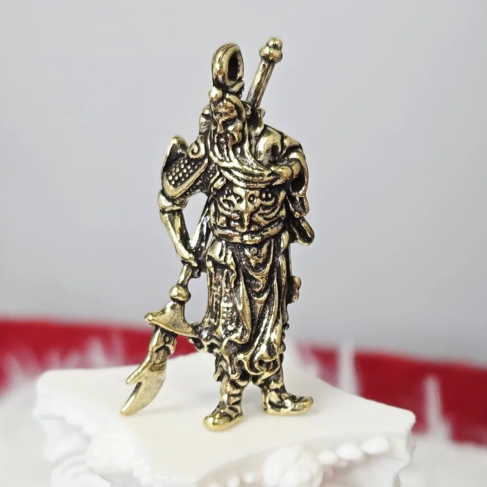 Mini Brass Guan Gong Warrior Statue Feng Shui Martial God Figurine Vintage Curio